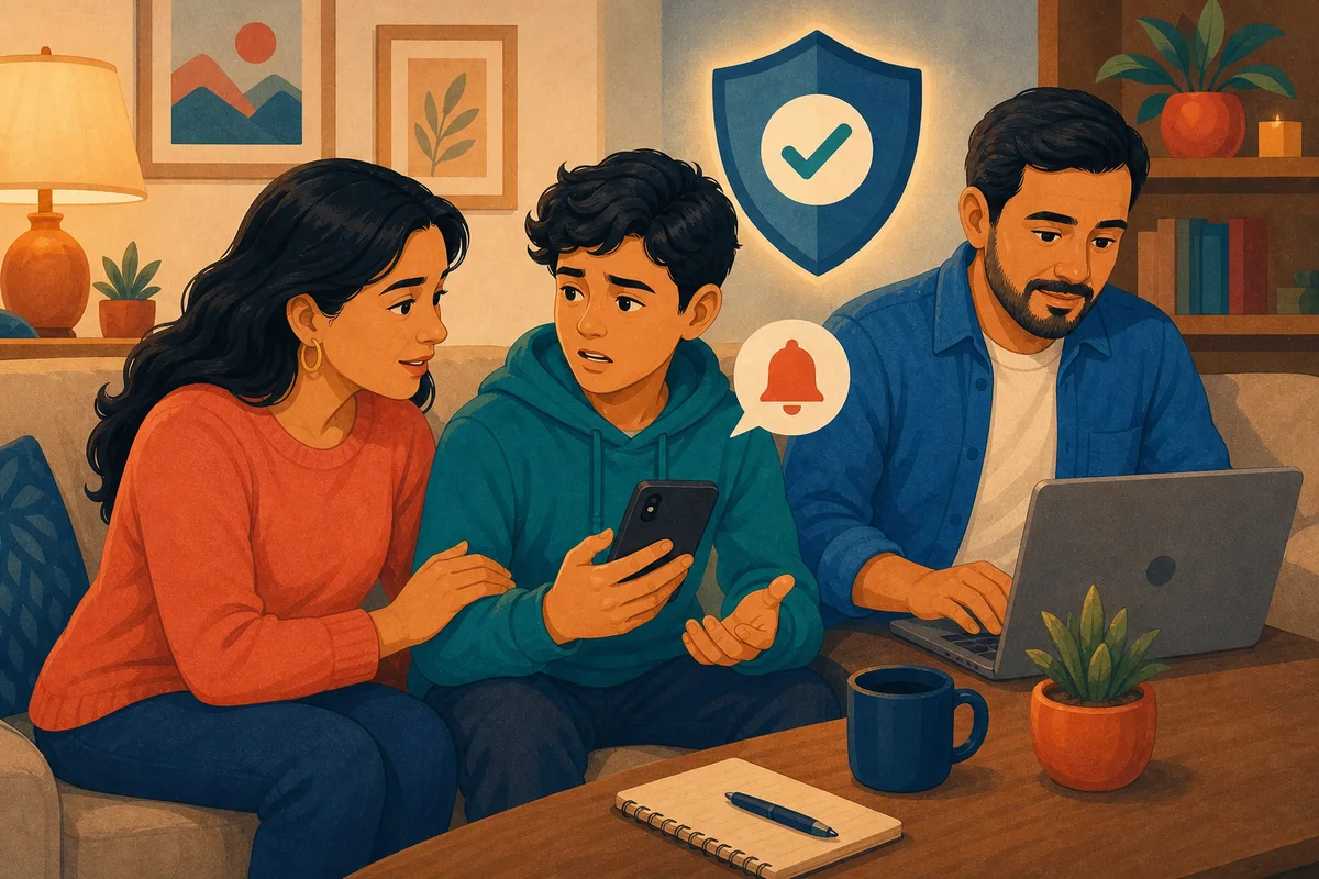 Padres escuchan con calma a su hijo después de recibir un mensaje peligroso en internet